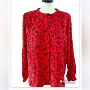 Vintage Notations Collarless Red and Black Blouse/Shirt With Roll Sleeve Option